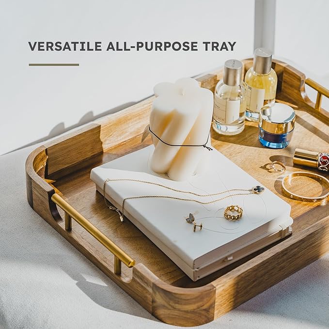 Upper Acacia Wood Ottoman Tray 17x13 Inches with Handles, Decorative Serving Tray for Coffee Table, Breakfast Tray with Anti-Skid Pads
