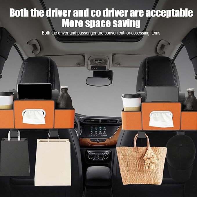Car Back Seat Organizer with Hooks & Tissue Dispenser – Faux Leather Storage Box with Cup Holders, Multi-Compartment for Sunglasses & Chargers, Compatible with Most Seat Brown 2pcs