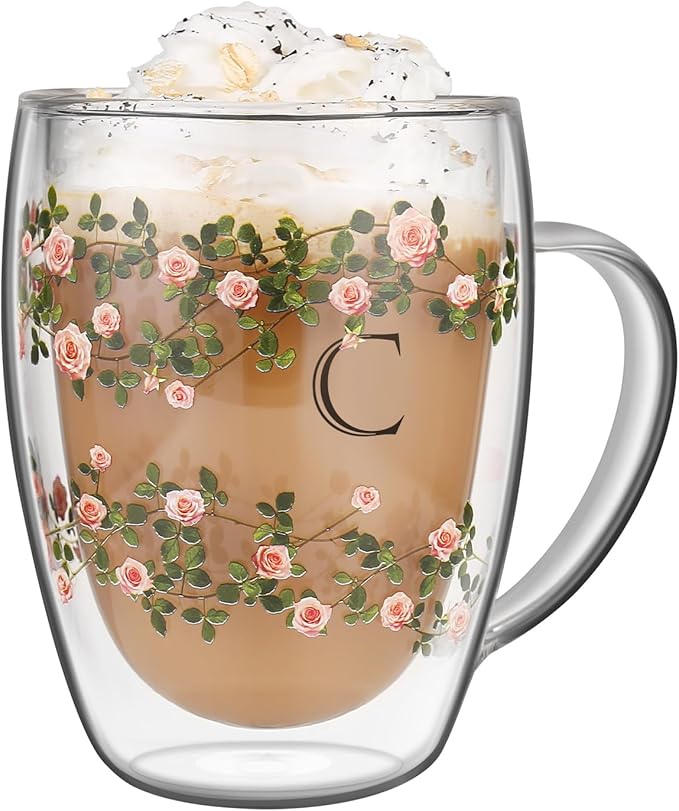 Initial Glass Cup for Women, 12oz Rose Double Walled Glass Coffee Mugs, Personalized Gifts for Women, Initial Coffee Tea Mug with Scarf, Birthday Gifts for Her Mom Friend (ROSE-C)