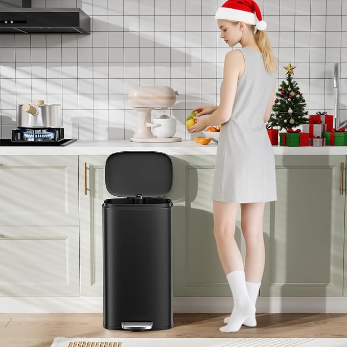 Arlopu13.2 Gallon Step Trash Can, Stainless Steel Garbage Bin, Soft-Close Rubbish Bin with Removable Plastic Inner Bucket, Fingerprint-Proof, Lid Dustbin, Suit for Kitchen Home (Black, 50L)