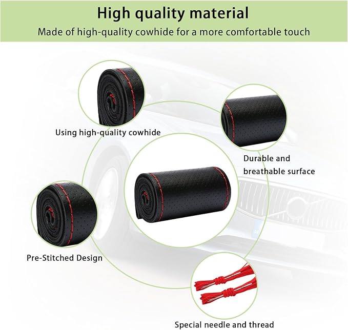 Kewucn Genuine Leather Steering Wheel Cover, 15" Universal Car Steering Wheel Protector with Needle Thread, Breathable Anti-Slip Steering Wheel Cover DIY Stitch on Wrap (Black & Red, Full Hole)