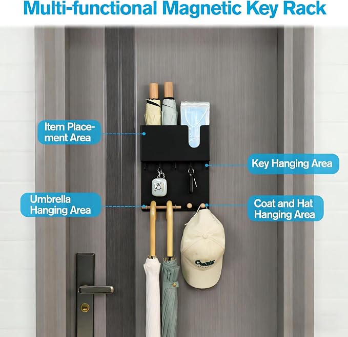Magnetic Key Holder & Umbrella Holder for Wall, Multi-Functional Entryway Shelf for Tissues. Sturdy Hooks for Keys, Bags. Space Saving Organizer for Apartment, Dorm Room (Black)