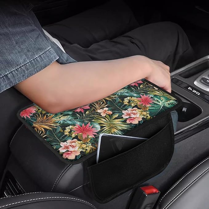 CLOHOMIN Pink Hibiscus Car Center Console Cover Accessories Palm Leaves Armrest Seat Box Cover for Most Car, Truck, and SUV Tropical Automotive Arm Rest Cushion Pad