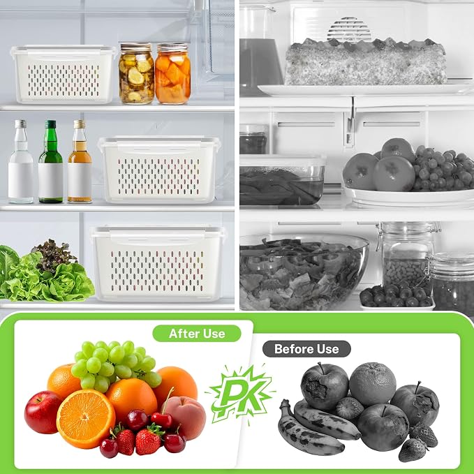 8-Piece Fruit Storage Containers for Fridge, BPA Free Plastic, Airtight with Vent Holes and Removable Colander, Refrigerator Organizer for Vegetables, Meat, Berry