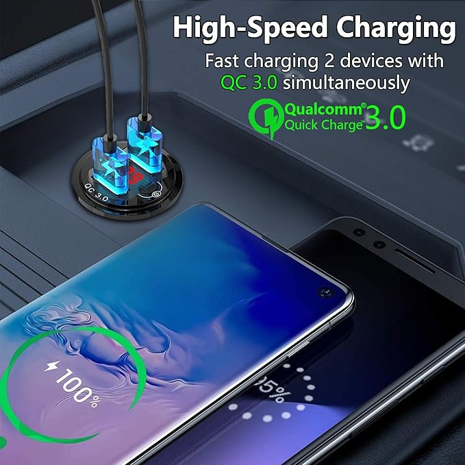 [Upgraded Version] Quick Charge 3.0 Dual 12V USB Car Charger, Aluminum Socket with Red Digital Voltmeter, Waterproof Car Outlet with Power Switch Button, for Marine Boat Motorcycle Truck Golf Cart etc