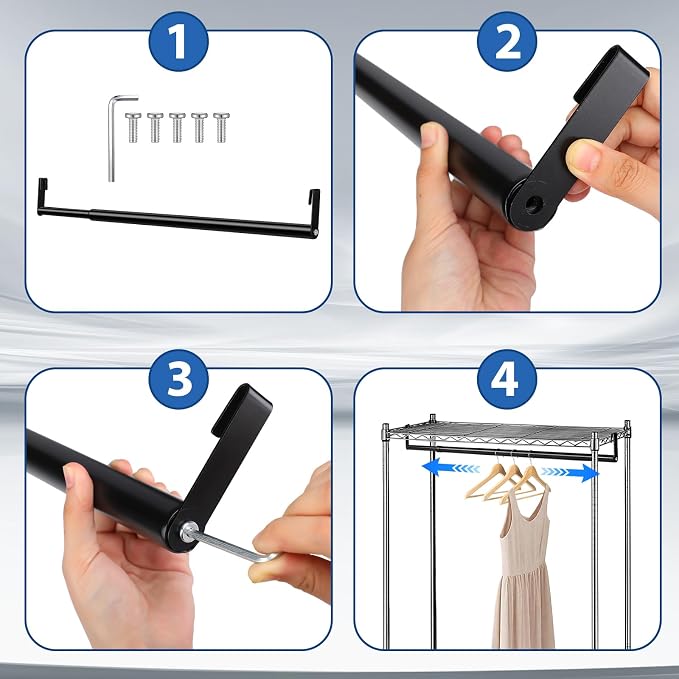 Threehoney Expandable Closet Rod for Wire Shelf Hanging Clothes Adjustable Heavy Duty Closet Hanging Rod Extender Heavy Duty Hanger Bar Metal Poles for Wardrobes Hanger, 1 Pack (32-54 Inch,Black)