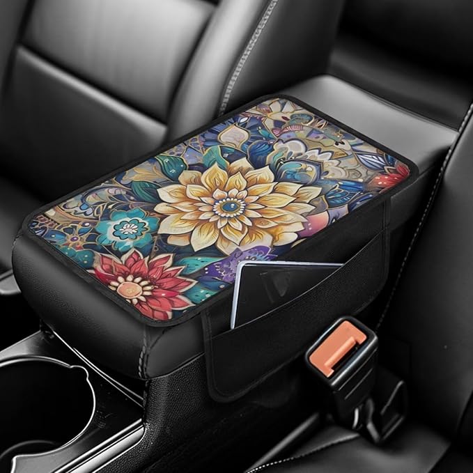 BIGCARJOB Car Center Console Cover Blossom Lotus Print Armrest Cover for Car Center Console with Side Storage Portable Middle Console Cover Auto Center Console Organizer Bag