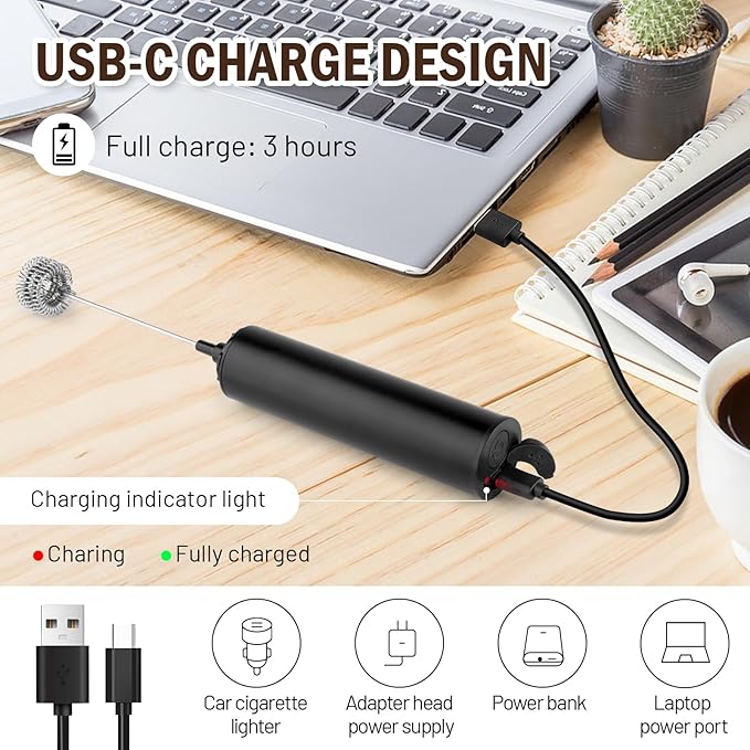 Milk Frother Wand for Coffee, Coffee Foamer Drink Mixer,Handheld Frother Rechargeable Electric Whisk with 5 Heads 2 Speeds for Latte, Cappuccino, Hot Chocolate, Egg(Home and Travel Set Black)