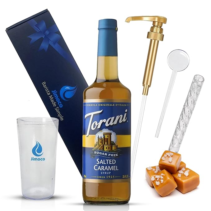 Jimoco Barista Set – Torani Sugar Free Salted Caramel Syrup 25.4 oz, Jimoco Pump, Reusable Cup, Straw & Stirrer – Coffee, Italian Soda & Cocktail Flavoring Kit