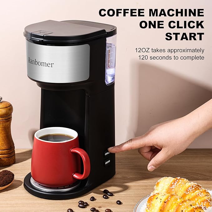 K Cup Coffee Maker, Single Serve coffee machine or Ground Coffee Machine 2 in 1, 6 to 14 Oz Brew Sizes, Mini One Cup Coffee Maker with Self cleaning Function, Fits Travel Mug Black