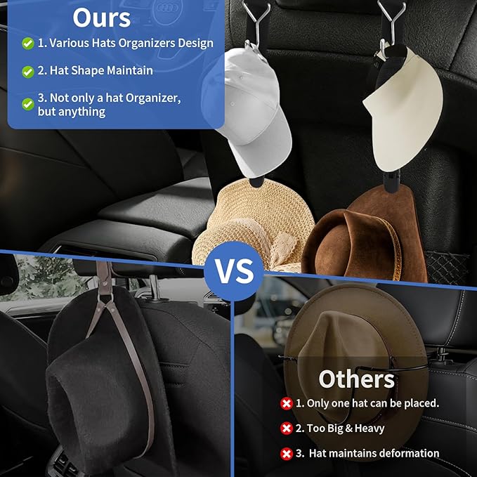 Headrest Hooks for Car, 2-in-1 Backseat Organizer with Bag Hook & Hat Clip, Extendable Universal Vehicle Storage Hanger Car Gifts for Purse, Grocery, Shopping Bag, Cap (2 Pack)