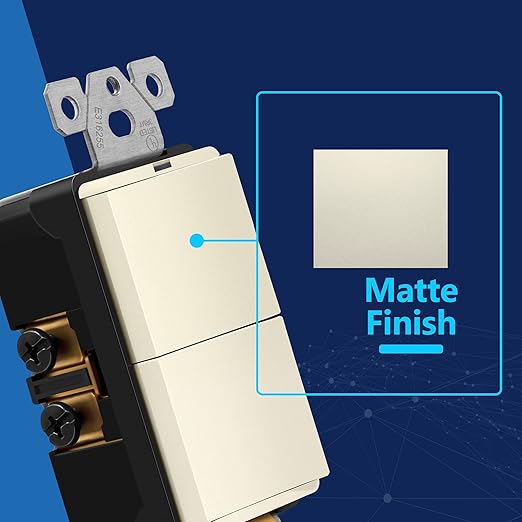 LIDER Minimalist Design Matte Finish Lighted Double Switch, Combination Frameless Decorator Switch with Locator Light, Ground Terminal, Single Pole, 15A 120-277V, UL Listed, LCS2-1P-LA, Light Almond