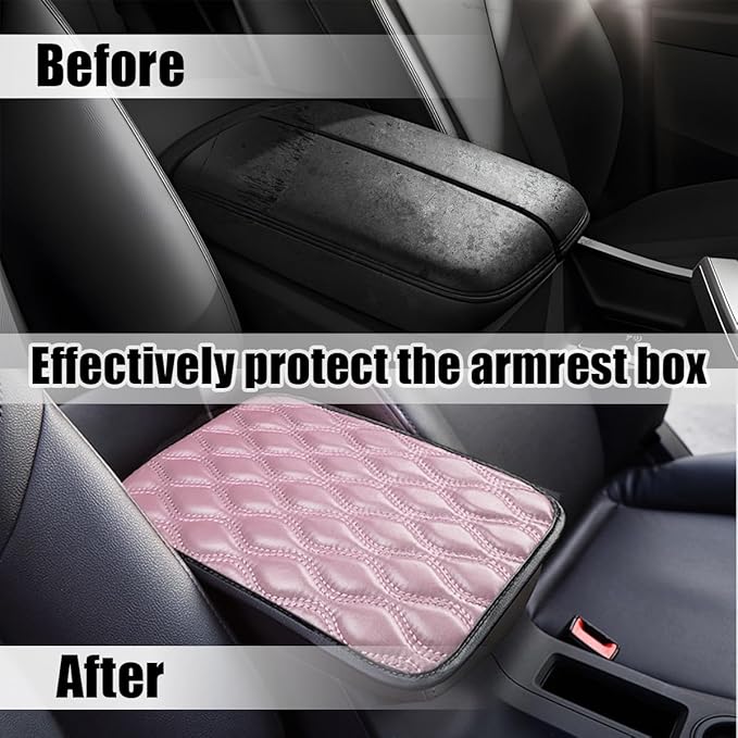 Car Center Console Cover, Leather Vehicle Armrest Seat Box Pad, Comfortable Memory Foam Automotive Interior Protection Cushion Mat Accessories, Universal for SUV, Sedan, Truck (Pink)