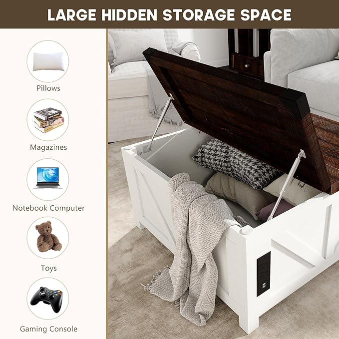 Farmhouse Lift Top Coffee Table with Storage, Wood Square Center Table with Charging Station&USB Port, Living Room Table w/Large Hidden Space, for Living Room, Bedroom, Home Office, White