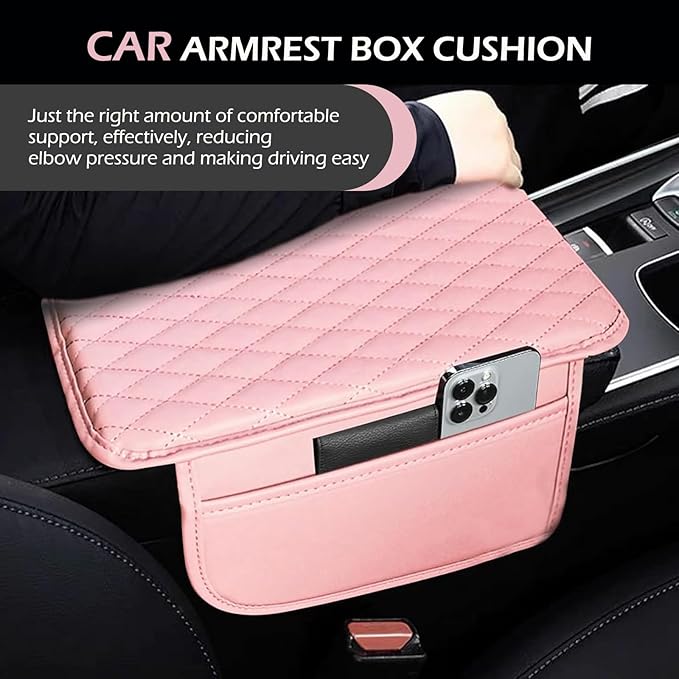Center Console Cover, Microfiber Leather Arm Rest Cover Cushion with 2 Storage Bags, Middle Console Protective Cover, Car Accessories for Women, Universal for Trucks, Cars, SUVs (Pink)