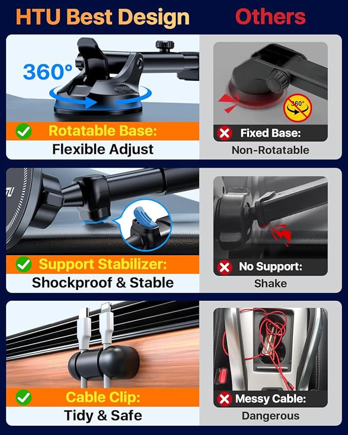 【Military-Grade】HTU for MagSafe Car Mount【Upgraded Strongest Suction】Magnetic Phone Holder Cell Stand for Dashboard Windshield Vent,Truck Cradle for iPhone 17 Pro Max 16 15 14 13 12 Tesla,Neutral Gray
