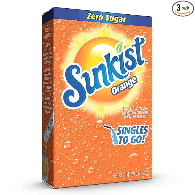 SINGLES TO GO! Sunkist Singles To Go Drink Mix Orange, 3 Boxes with 6 Packets Each -18 Total Servings