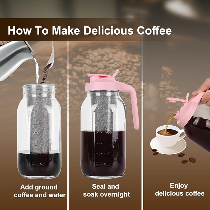 Cold Brew Coffee Maker - 64 Oz Heavy-Duty Glass Mason Jar Pitcher with Stainless Steel Filter, Leak-Proof Lid, Ergonomic Handle & Precision Pour Spout – Ideal for Iced Coffee, Tea, Cold Brew (Pink)