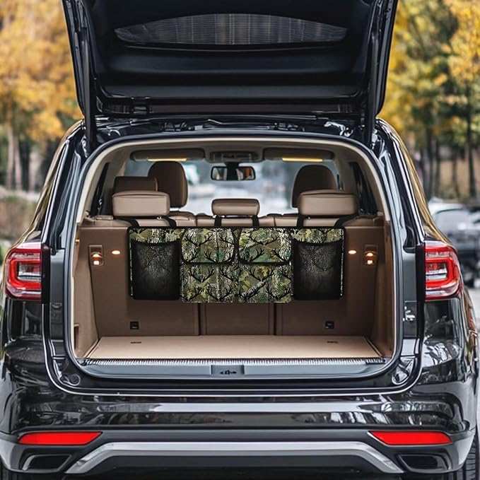 Camouflage Antler Tree Car Trunk Organizer SUV with 3 Non-slip Strips, Back Hanging Car Storage Organizer with Pockets, Auto Accessories Interior Decoration