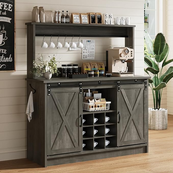 4ever2buy Farmhouse Coffee Bar Cabinet with Hutch, 47 Inch Wine Bar with Storage, Buffet Cabinet with Adjustable Shelves & 9 Wine Racks, Kitchen Buffet Cabinet for Dining Living Room, Grey