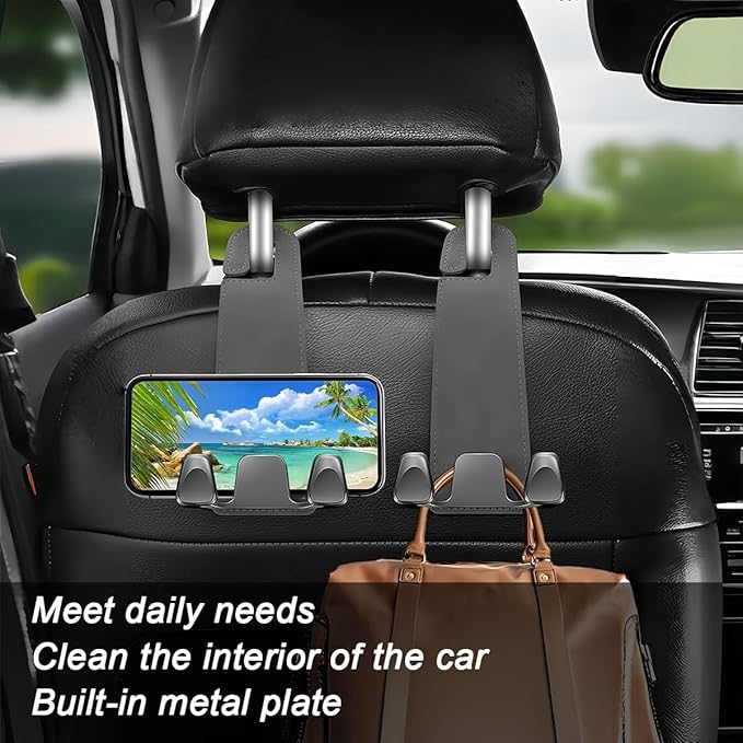 Car Seat Headrest Hook, 2PCS Leather & Metal Double Hook Vehicle Back Seat Hanger Holder for Phone Handbag Purse, Automobile Storage Organizer, Universal for Van Truck Sedan (Grey)