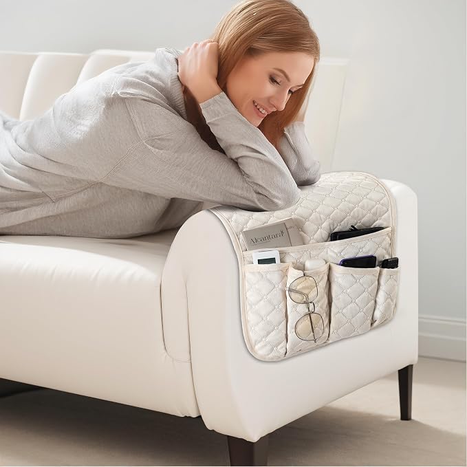 Velvet Armchair Caddy for Couch Remote Control Holder Non-slip Sofa Armset Organizer Caddy Storage for Recliner Couch 5 Pocket for Magazine 35"x13" Ivory 1 Piece