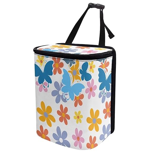 Cute Hippie Flower Car Trash Can Bin Hanging Waterproof Automotive Garbage Cans Large Capacity Waste Basket Automotive Interior Organizer Accessory for Women