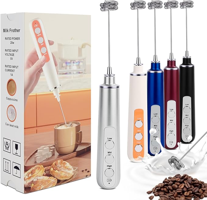 Milk Frother Wand Rechargeable Handheld Frother For Coffee,Batidora De Mano Electrica Coffee Bar Accessories Kitchen Appliances Essentials Electric Frother Gift For Women Men (Silvery)