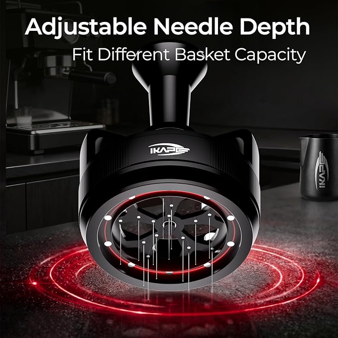 IKAPE 54MM WDT Tool for Espresso, 0.25mm 14 Needles Distribution Tool with One-Press Auto Rotation & Adjustable Depth, 10 Magnetic Base, Espresso Stirrer