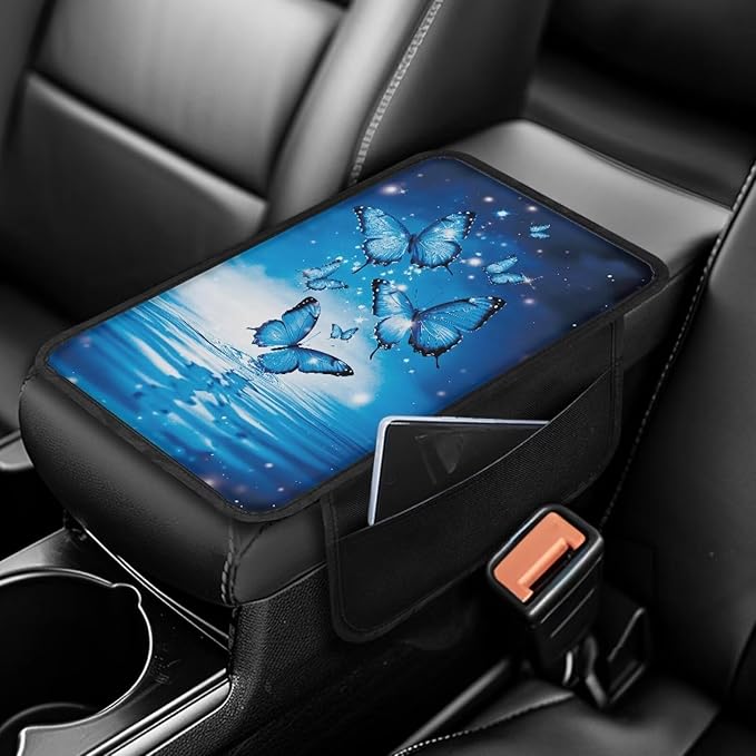 Dreaweet Blue Butterfly Center Console Cover Cute Car Accessories for Women Girly,Car Console Covers with Pockets,Universal Armrest Cover Soft Comfy Arm Rest Pad for SUV Truck Van