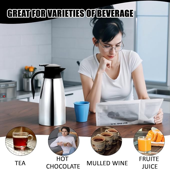 2 PCS 68 OZ Thermal Coffee Carafe Stainless Steel Creamer Pitcher Double Walled Vacuum Insulated Pitcher Thermal Hot Pot Flask with Brushes for Keeping Hot Coffee Tea