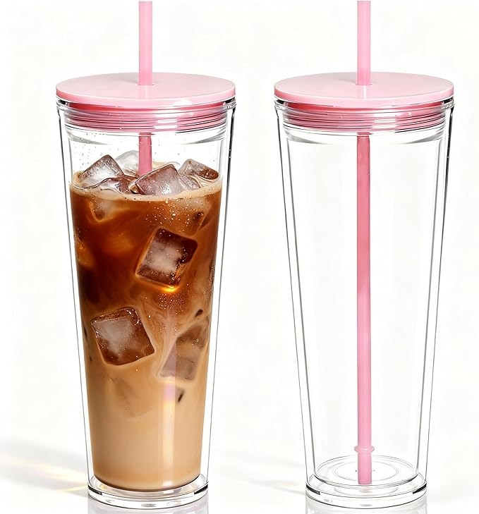 24oz Tumbler with Lid and Straw, Leak Proof and Double Wall Insulated Reusable Plastic Cups,Travel Reusable Iced Coffee Cup (2, Pink)