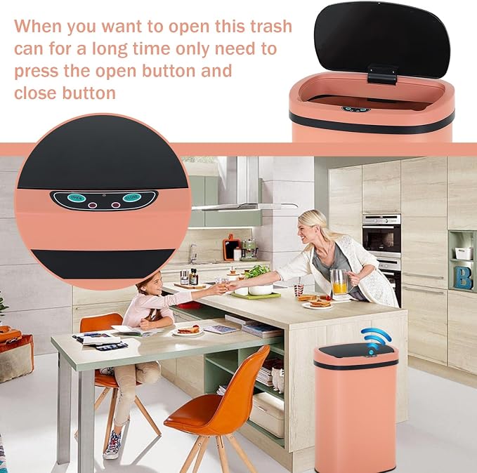 13 Gallon Stainless Steel Trash Can Automatic Trash Can Garbage Can Bathroom Garbage Can with Lid for Kitchen Living Room Office Bathroom, Electronic Motion Sensor Automatic, Pink