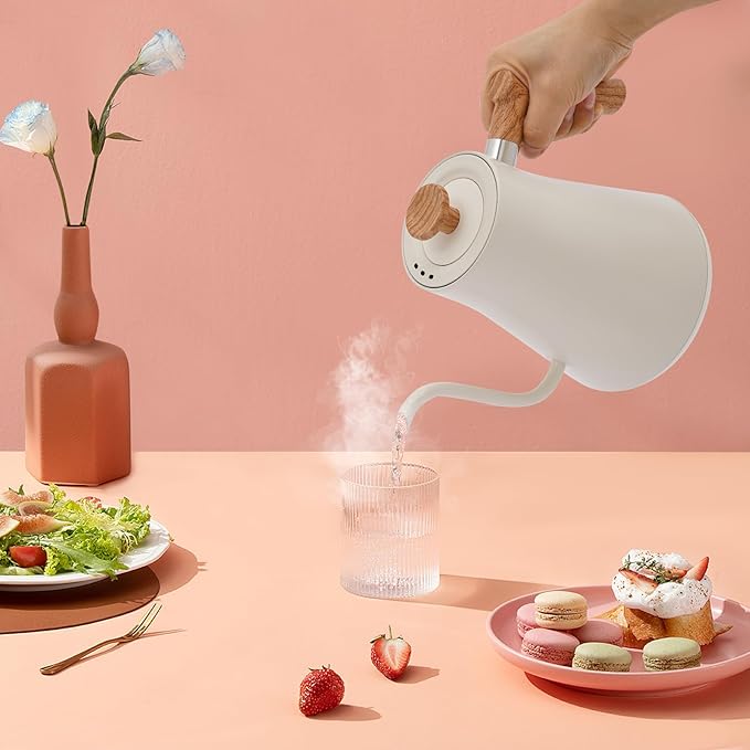 Electric Gooseneck Kettle, 1200W Precision Gooseneck Spout Designed with LED display, Digital Goose Neck Kettle for Quick Heat Up, Stainless Steel, White, 104-212 °F