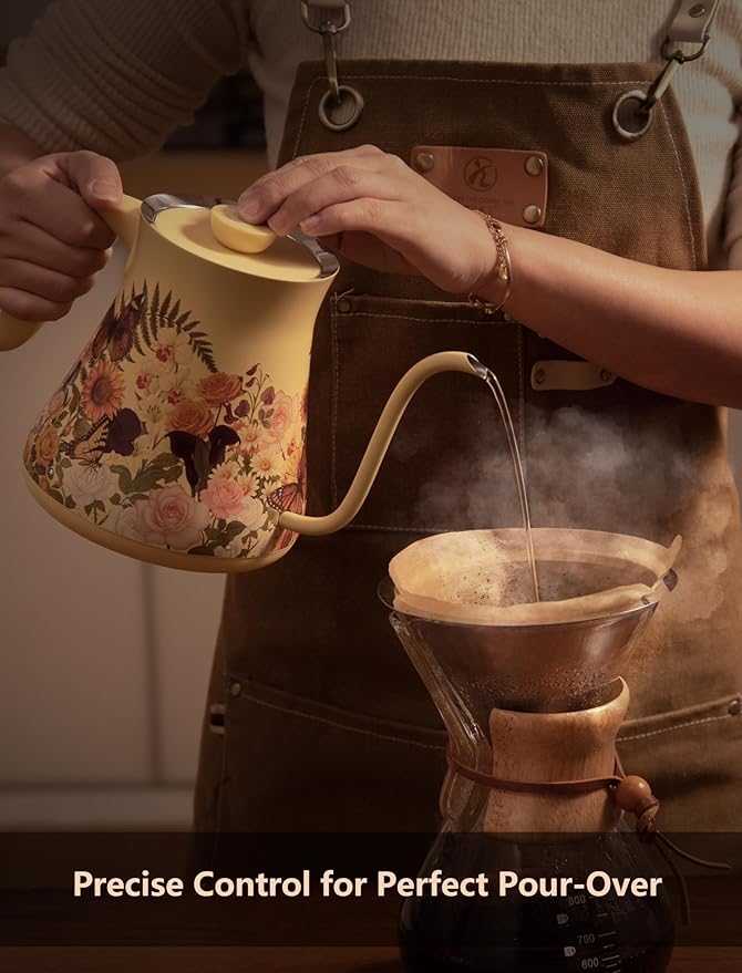 0.8L/27oz Gooseneck Electric Kettle - ±1℉ Precise Temperature Control for Pour Over Coffee & Tea, 1200W Fast Heating, Auto Shut-Off, Built-in Brew Timer, BPA-Free Stainless Steel, Floral