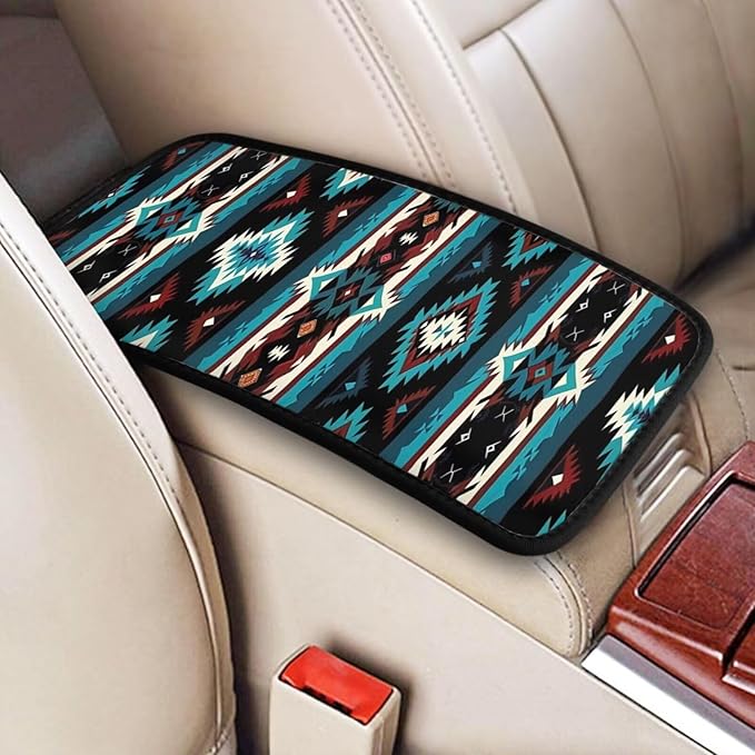 Car Center Console Cushion Pad Aztec Boho Armrest Seat Box Cover Protector Native American Armrest Pads Western Turquoise Stripe Car Decor Accessories for Sedans Vans Truck Vehicles SUV