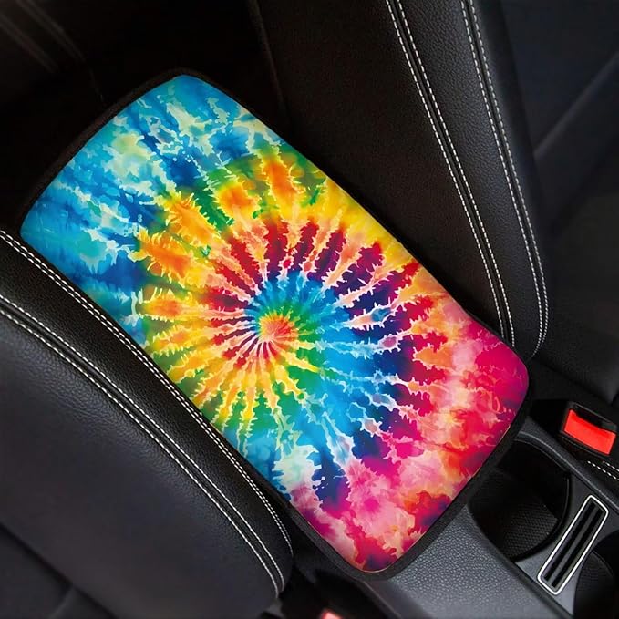 Mintutlipy Colorful Tie-Dye Automotive Center Console Cover Car Storage Box Mat Soft Breathable Car Armrest Cushion Protector