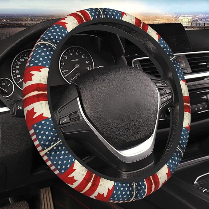 Neoprene Steering Wheel Cover Vintage Canadian America Flag Car Steering Wheel Cover Universal Fit for Most Cars