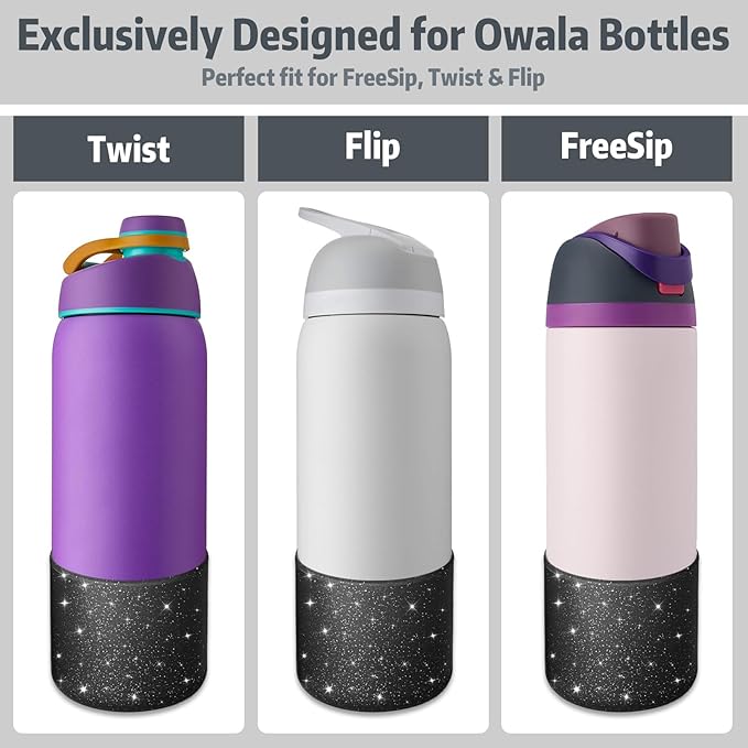 Silicone Boot for Owala 24oz Water Bottle – Anti-Slip Protective Cover, Bottle Boot, Base Cover Compatible with FreeSip, Sleeve for Stainless Steel Tumblers (Glitter Black, 24OZ)
