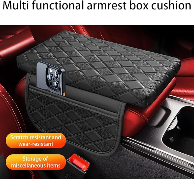 Car Center Console Cover, Leather Vehicle Armrest Pad with 2 Side Storage Bags, Comfortable Auto Interior Middle Console Storage Box Cushion Accessories, Universal for Most Cars (Black-1)