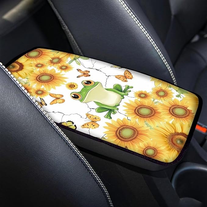 Floral Frog Car Center Console Cushion Pad Cute Armrest Box Protector Cover Universal Fit Dustproof Car Arm Rest Cover Cute Frog Automotive Interior Decorations