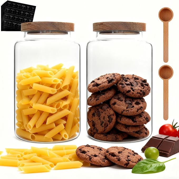 Glass Storage Jar with Lids Spoon Labels Round Glass Coffee Canister Borosilicate Glass Food Containers for Ground Spice Cookies Pasta Sugar Tea (2800ml/94oz-2 pack-with spoon)