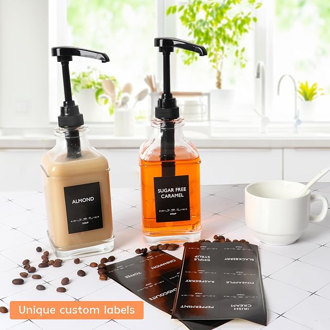 BIGIVACA Coffee Syrup Dispenser 16 oz 2 Pack,Clear Glass Syrup Bottle with 1/4oz Capacity Pump,Syrup Dispenser for Coffee Bar with Plastic Pump
