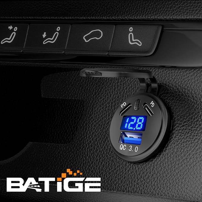 BATIGE 2 Pack 3 Ports Car Charger Socket Dual 45W PD Type C & 18W QC 3.0 with Voltmeter and Button Switch, USB Charger Socket for 12V/24V Car Boat Marine ATV Bus Truck RV Motorcycle