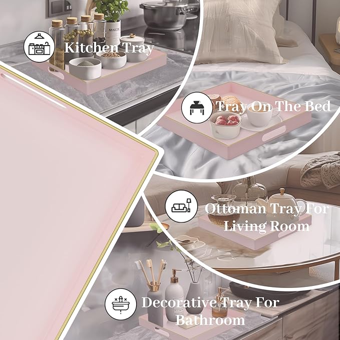 MAONAME Decorative Tray, Pink Serving Tray with Handles, Coffee Table Trays, Square Plastic Trays for Ottoman, Bathroom, Kitchen, 13" x 13" x 1.57"
