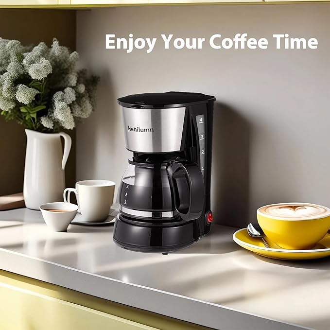 4 Cups Drip Coffee Maker, Coffee Pot Machine Permanent Coffee Filter, Mini,20Oz Electric Coffee Maker,650W Black and Stainless Steel