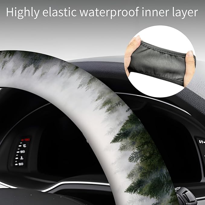 Steering Wheel Covers for Car, Truck, and SUV, Cute Non-Slip Breathable Elastic Steering Wheel, Car Accessories, Universal 15 Inch Leather Cover for Men Women Green Forest