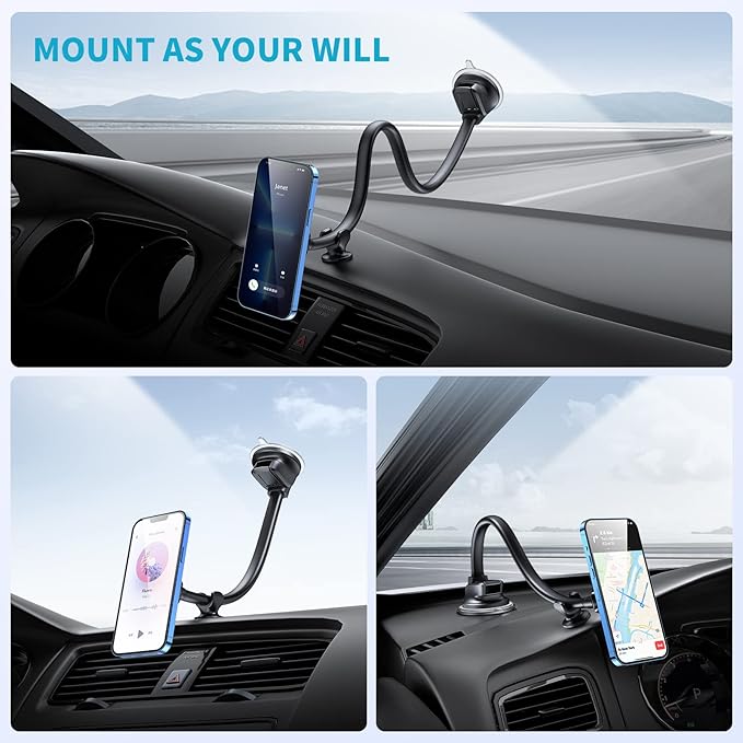 APPS2Car Magnetic Phone Holder Mount with 13-inch Flexible Long Arm & 6 Strong Magnets, Anti-Shake Holder for Truck Windshield Dashboard, Suction Car Mount for All Phones