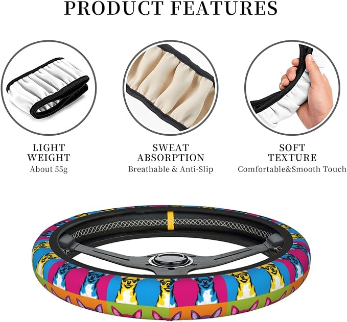 Chihuahua Dog Art Car Steering Wheel Cover, 15 Inch Steering Wheel Cover Stylish Decor for Most Cars