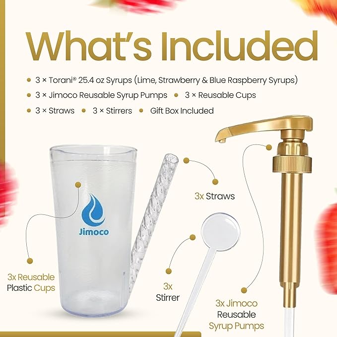 Jimoco Barista Set – Torani Lime, Strawberry & Blue Raspberry Syrups (25.4 oz Each) with 3 Jimoco Syrup Pumps, Reusable Cups, Straws & Stirrers – Coffee, Italian Soda & Cocktail Flavoring Kit